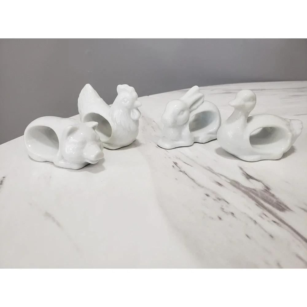 Lot 4 Farmhouse White Ceramic Napkin Rings Barnyard‎ Animals Cottagecore Japan